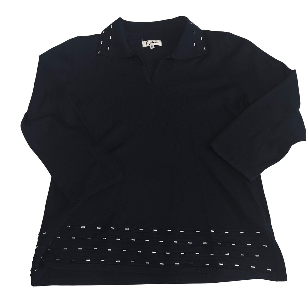 VTG Carducci women's black silver studded shirt blouse rayon blend minimalist XL